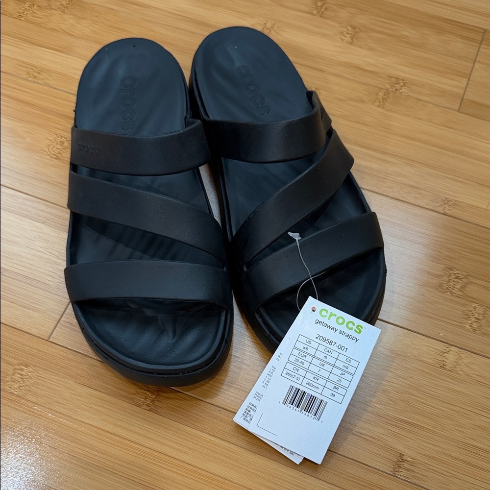 CROCS Triple Strap Black Slides. Getaway strappy. Black. NWT. Sz 9